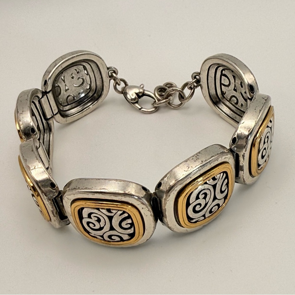 Brighton Two-Tone Swirl Medallion Link Bracelet Silver Gold Scroll Design